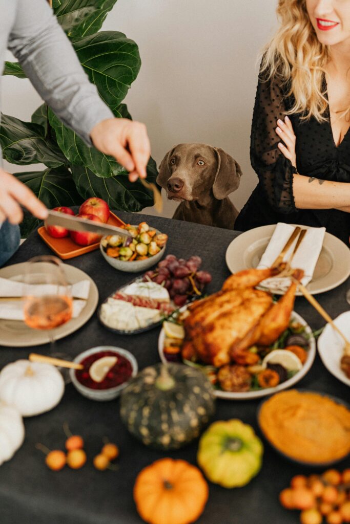 Festive Thanksgiving feast with roast turkey, family, and a dog at the dinner table.